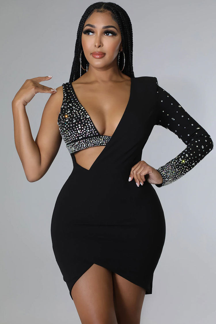 Crystal Asymmetrical Bra Long Sleeve Cutout Bodycon Party Mini Dress - Black