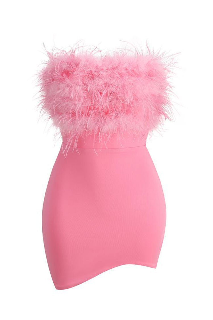 Faux Asymmetrical Feather Trim Cutout Back Strapless Party Mini Dress - Rose