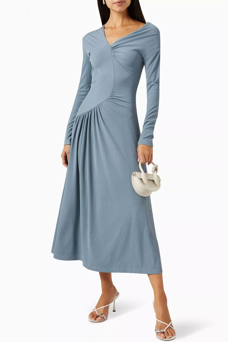 Long Asymmetrical Sleeve Ruched Detail Gradient Ribbed Jersey Midi Dress - Dusty Blue