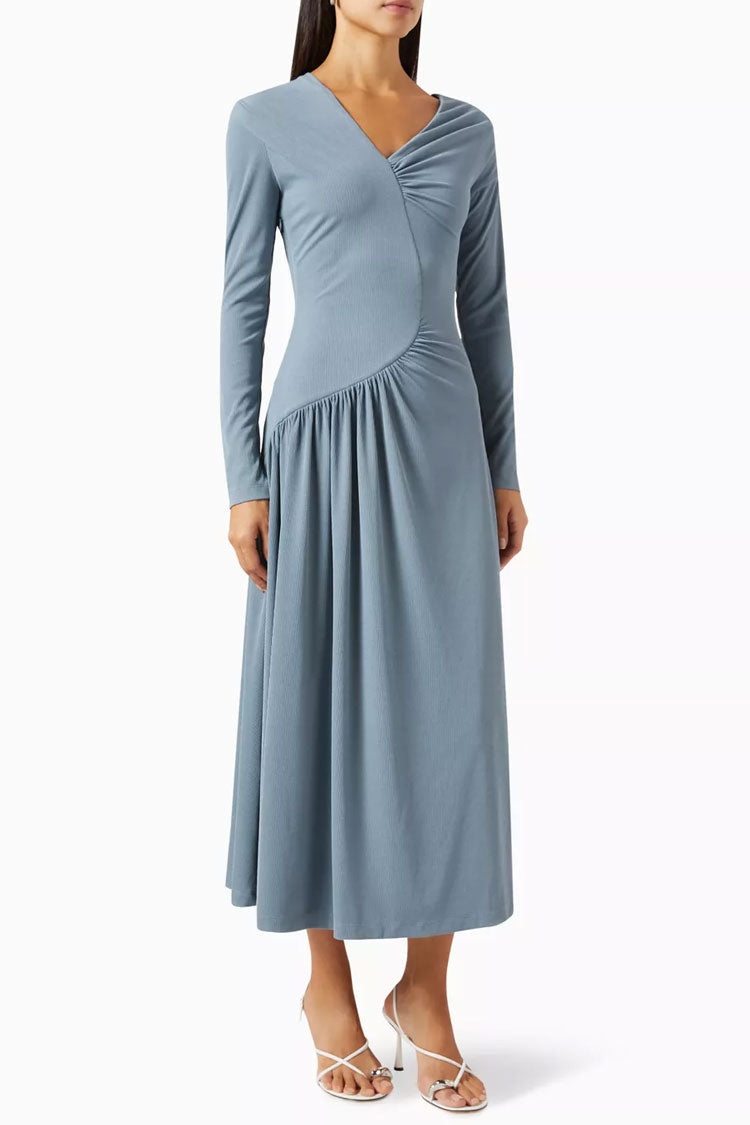 Long Asymmetrical Sleeve Ruched Detail Gradient Ribbed Jersey Midi Dress - Dusty Blue