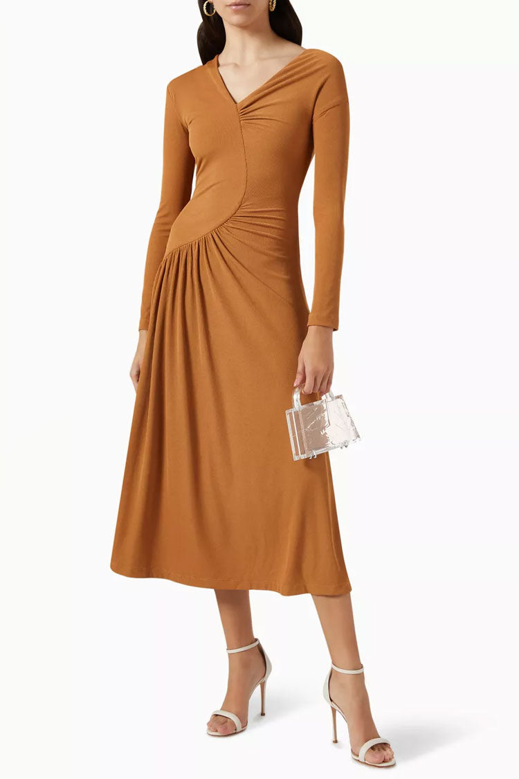 Long Asymmetrical Sleeve Ruched Detail Gradient Ribbed Jersey Midi Dress - Khaki