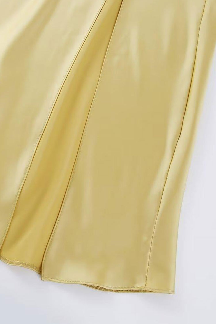 One Asymmetrical Shoulder Backless Satin Sleeveless Midi Dress Muted Yellow