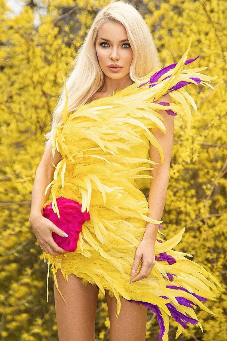 One Asymmetrical Shoulder Bold Feather Trim Mini Dress - Yellow