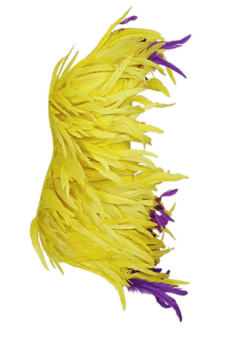 One Asymmetrical Shoulder Bold Feather Trim Mini Dress - Yellow