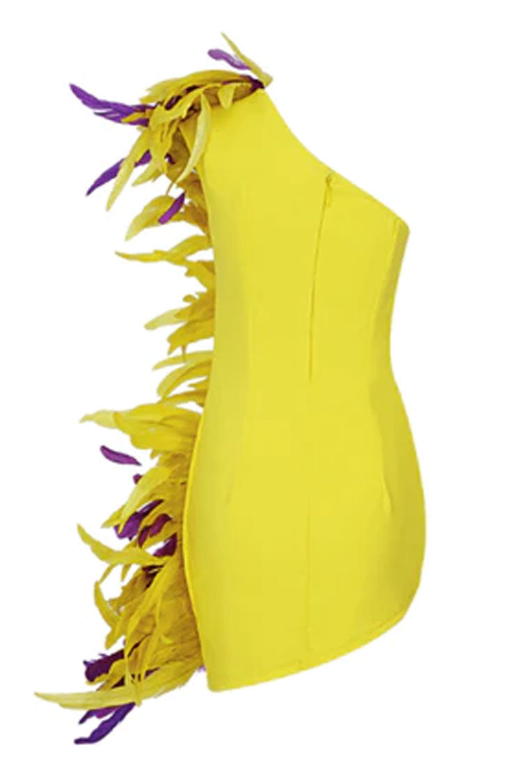 One Asymmetrical Shoulder Bold Feather Trim Mini Dress - Yellow