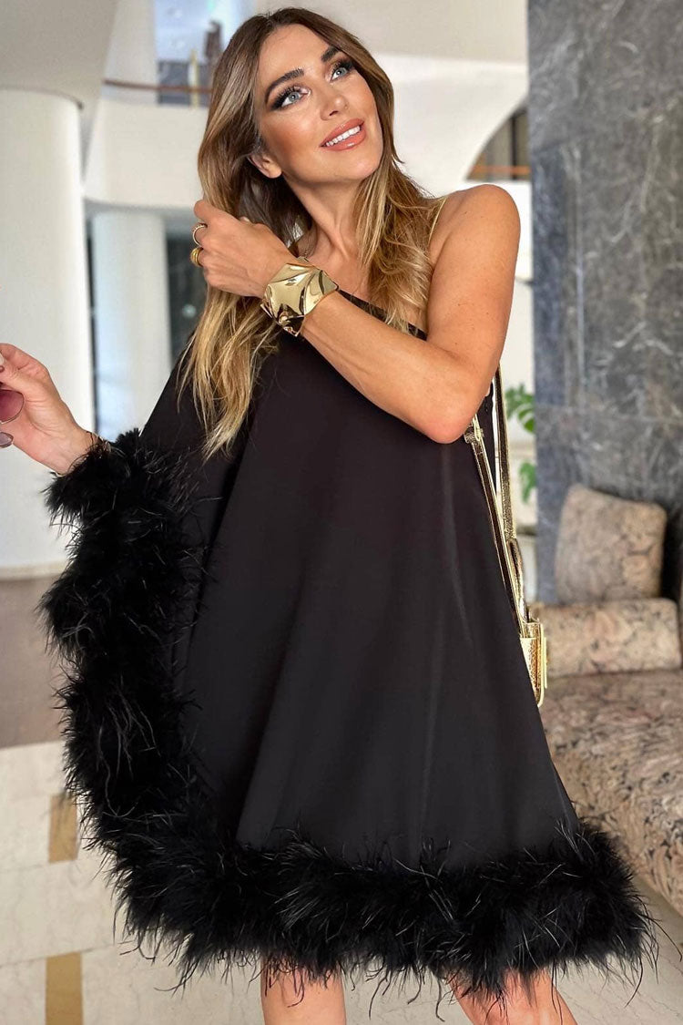 One Asymmetrical Shoulder Feather Trim A Line Party Mini Dress - Black