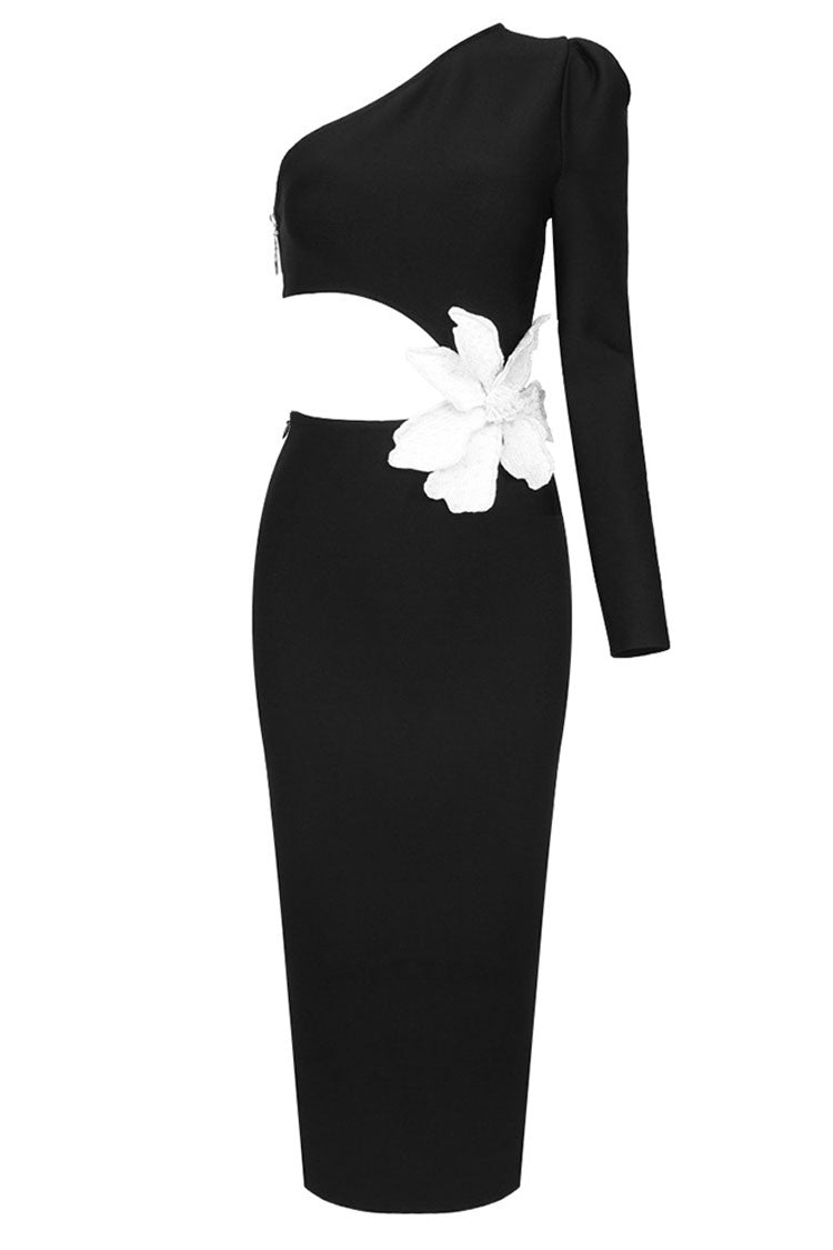 One Asymmetrical Shoulder Flower Applique Cutout Cocktail Party Midi Dress - Black