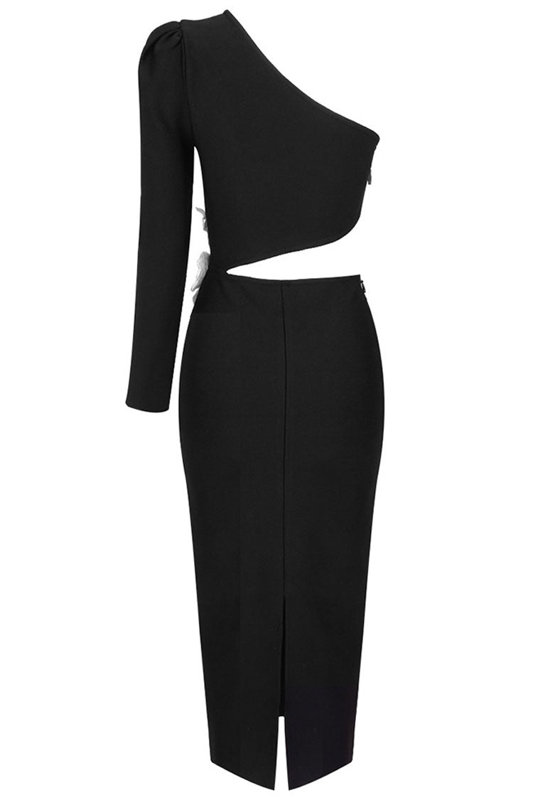 One Asymmetrical Shoulder Flower Applique Cutout Cocktail Party Midi Dress - Black