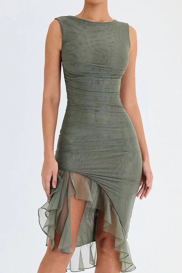 | Elita Boat Neck Ruffle Sheath Dress