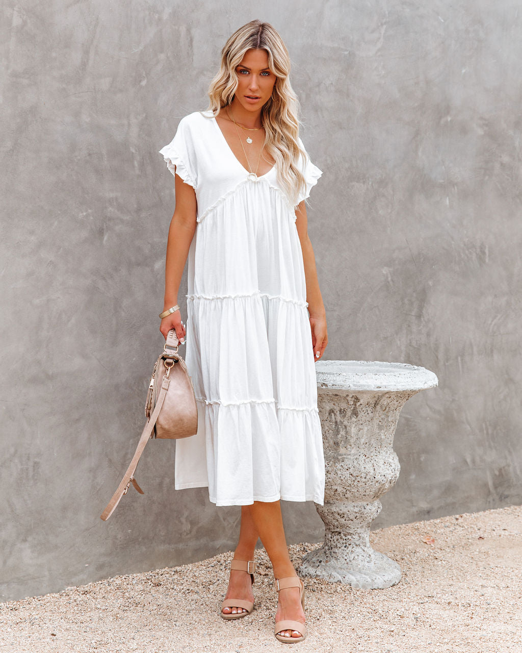 Cotton Avalon Ruffle Tiered Midi Dress White