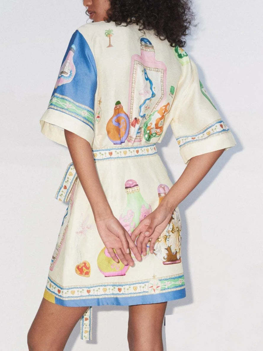 Exquisite Unique Oil Painting Print Lace Up Cardigan Mini Dress