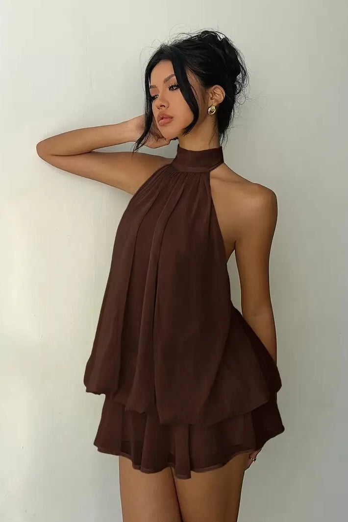 Alluring Backless Halter Tie Waist Slim Fit Ruffled Mini Dress