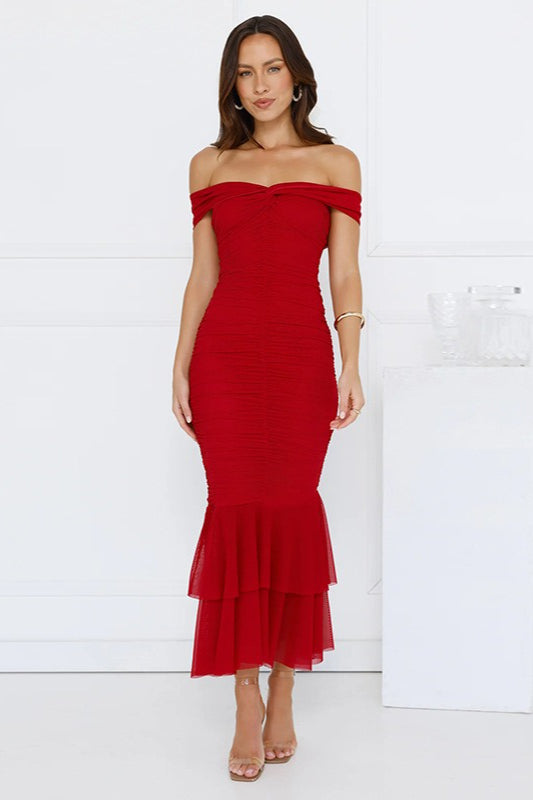Mermaid Layered Ruched Midi Dress