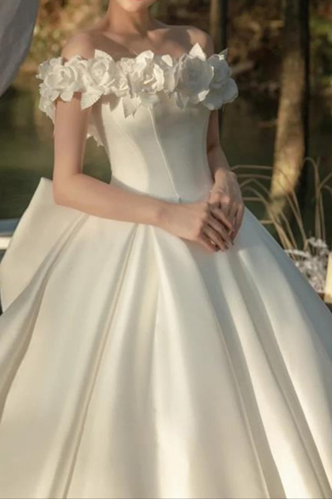 Open Shoulder Satin Train Wedding Dress