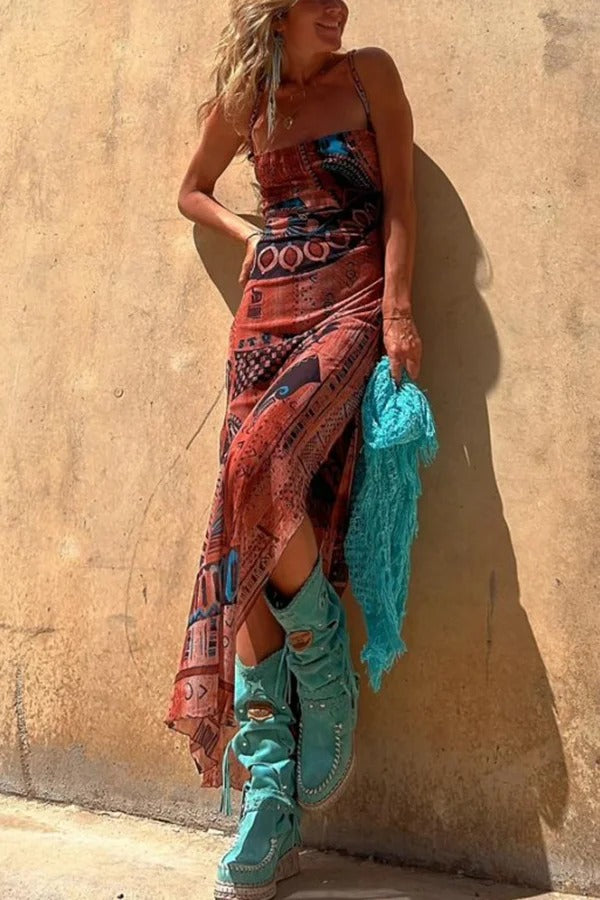 Exclusive Griselda Midi Dress with a Unique Gypsy Style Print, Cowl Neckline At the Back, Lace Up Fastening and Slit Evening Wear Edit