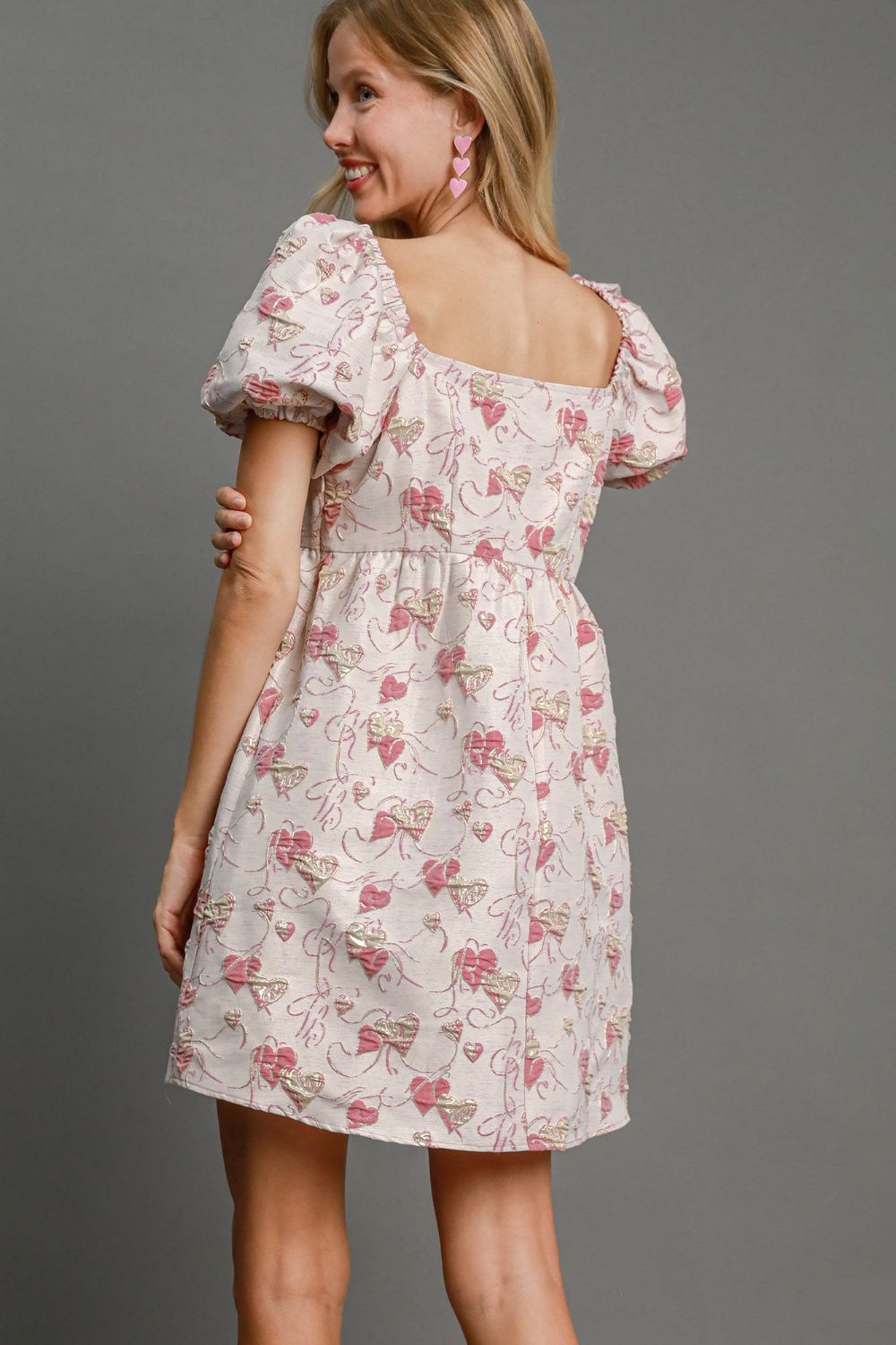 Boutique Ella Heart Jacquard Mini Dress with Square Neckline and Puff Sleeves Designer Edit