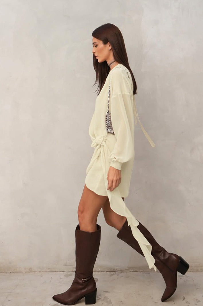 V Beige Neck Wrap Mini Dress