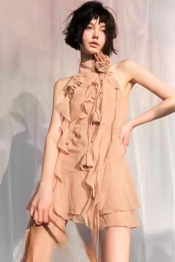 Rose Asymmetric Halter Mini Dress