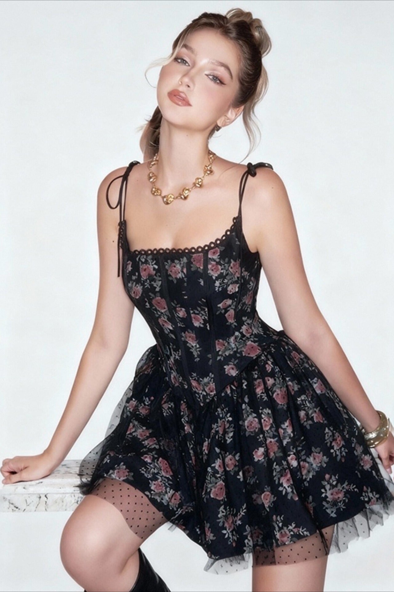 Gothic Flower Lace Trim Mini Dress