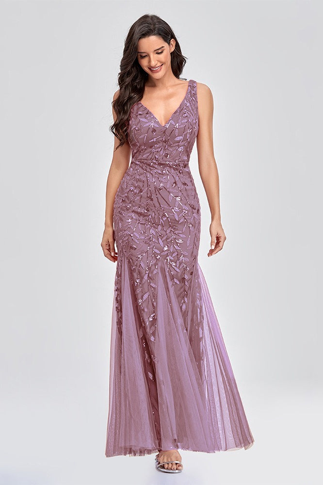 V Neck Sheer Embroidered Sequin Chic Prom Dress