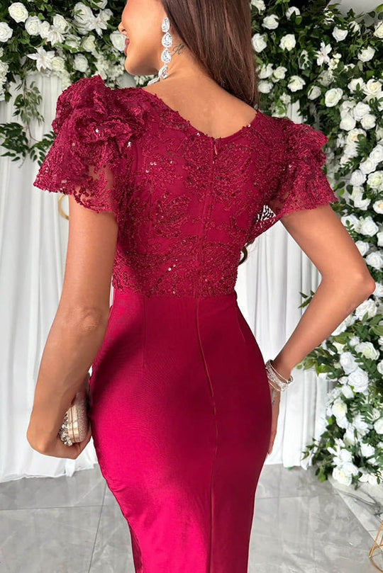 Elevated Romilly Dreamy, Luxurious Lace and Satin Ruffle Sleeve Patchwork Midi Dress Statement Occasion Edit