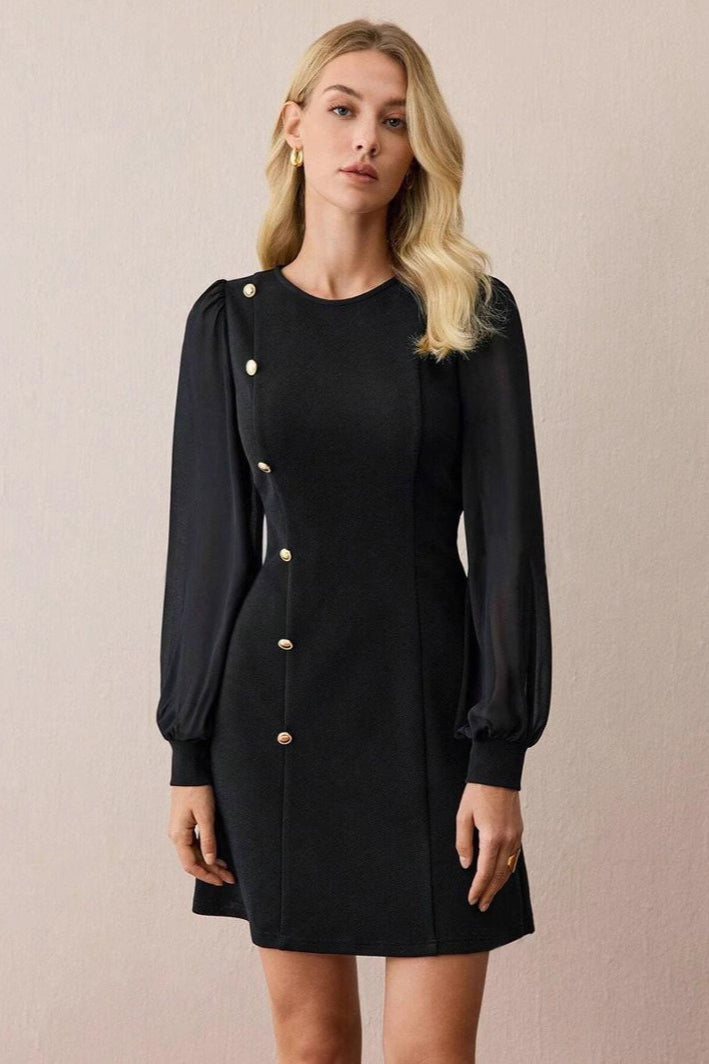 Neck Crew Button Mini Dress