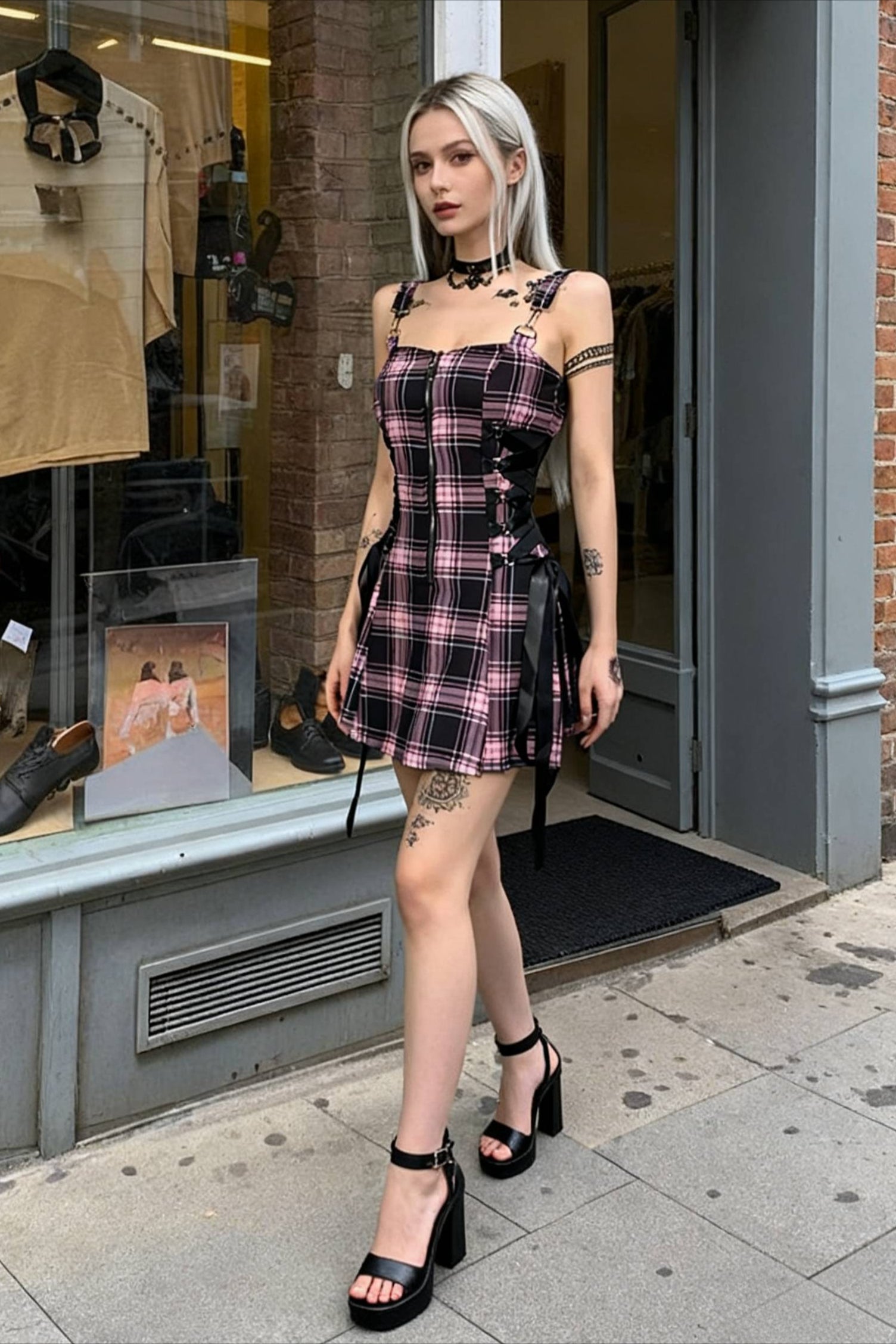 Waist High Spaghetti Strap Plaid Mini Dress