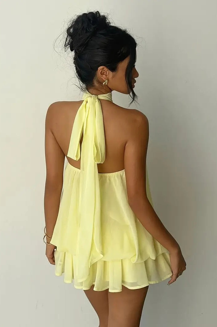 Alluring Backless Halter Tie Waist Slim Fit Ruffled Mini Dress
