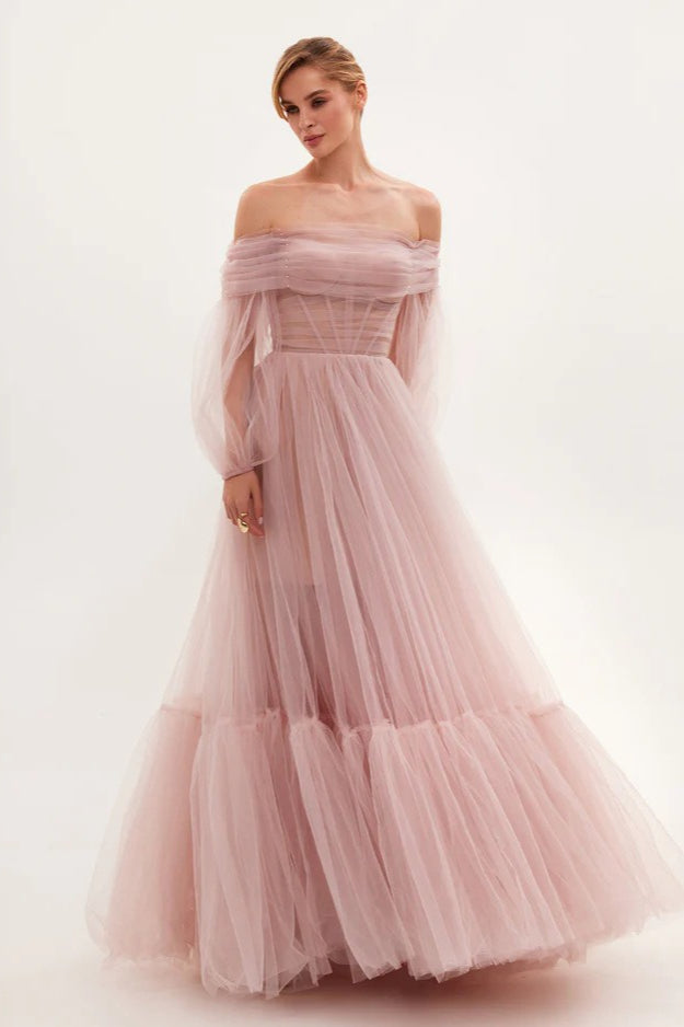 Off Shoulder Mesh Long Sleeved Prom Dress