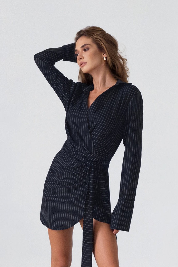 Neck V Striped Tie Waist Mini Dress
