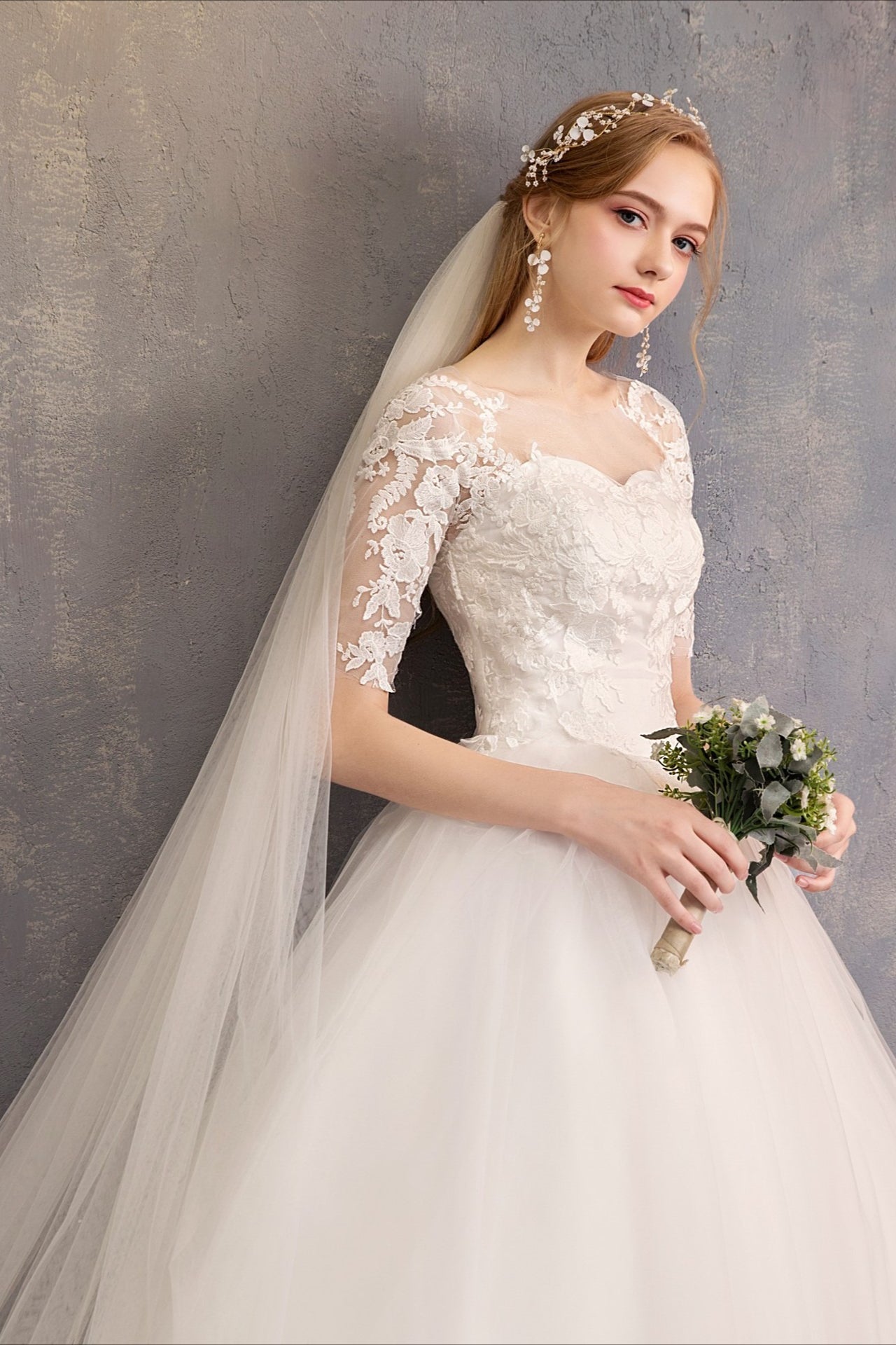 Lace Three Quarter Sleeved Wedding Dress