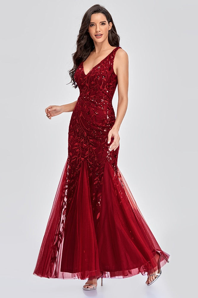 V Neck Sheer Embroidered Sequin Chic Prom Dress