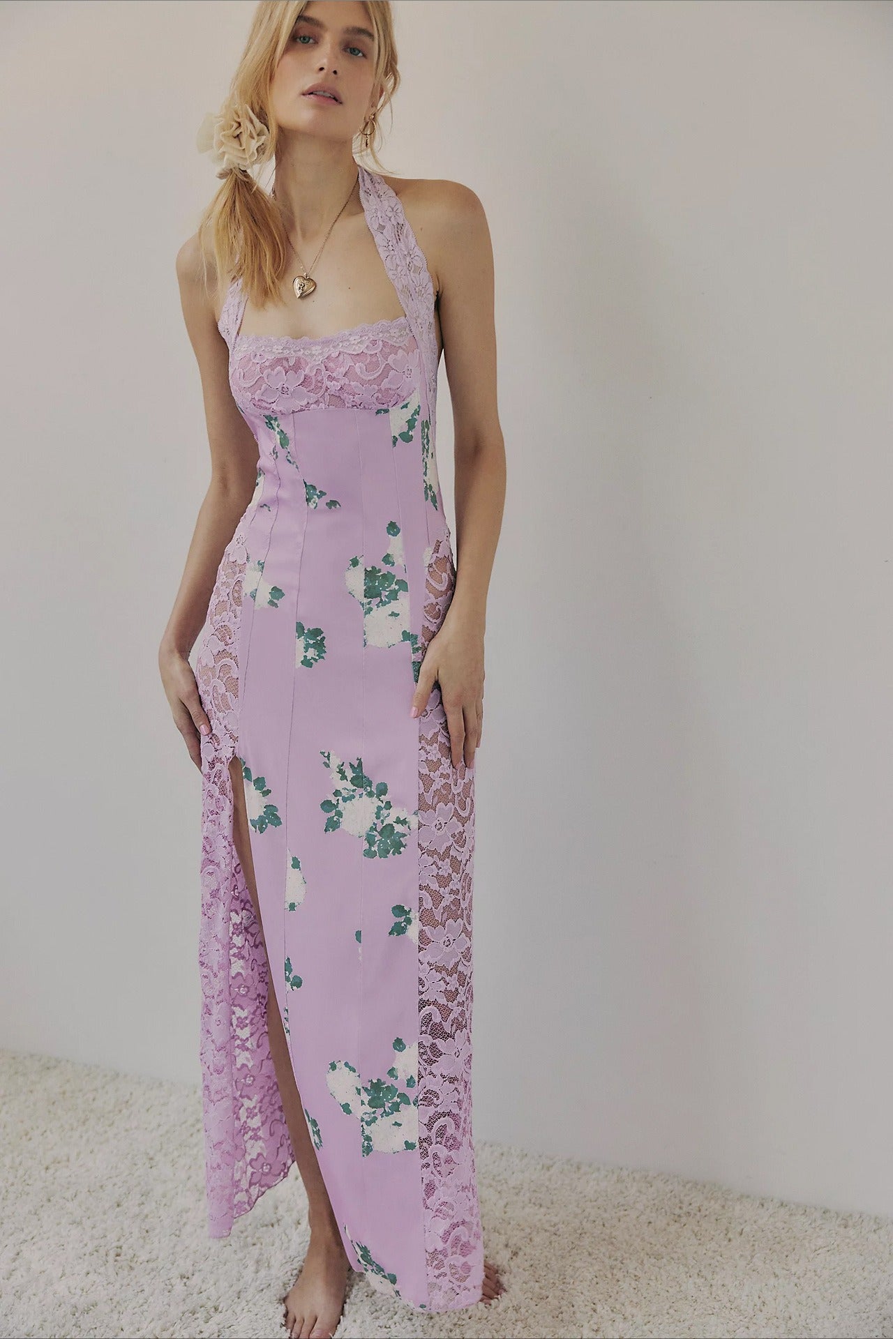 Chic Floral Spaghetti Strap Maxi Lace Dress