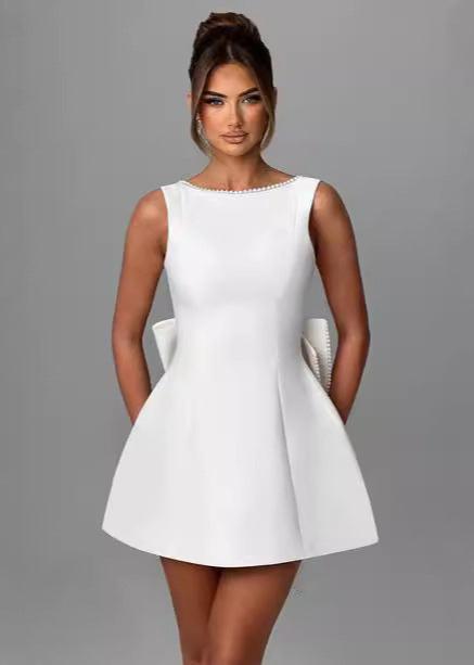Trimmed Pearl Bow Back Mini Dress Chic Elegance