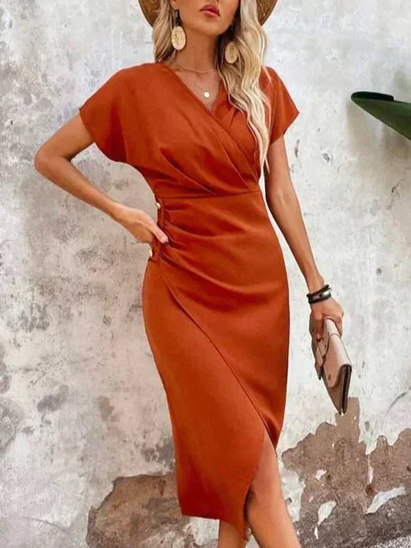 Statement Patricia Orange Midi Dress with V Neck and Slit Elevated Occasion Wear