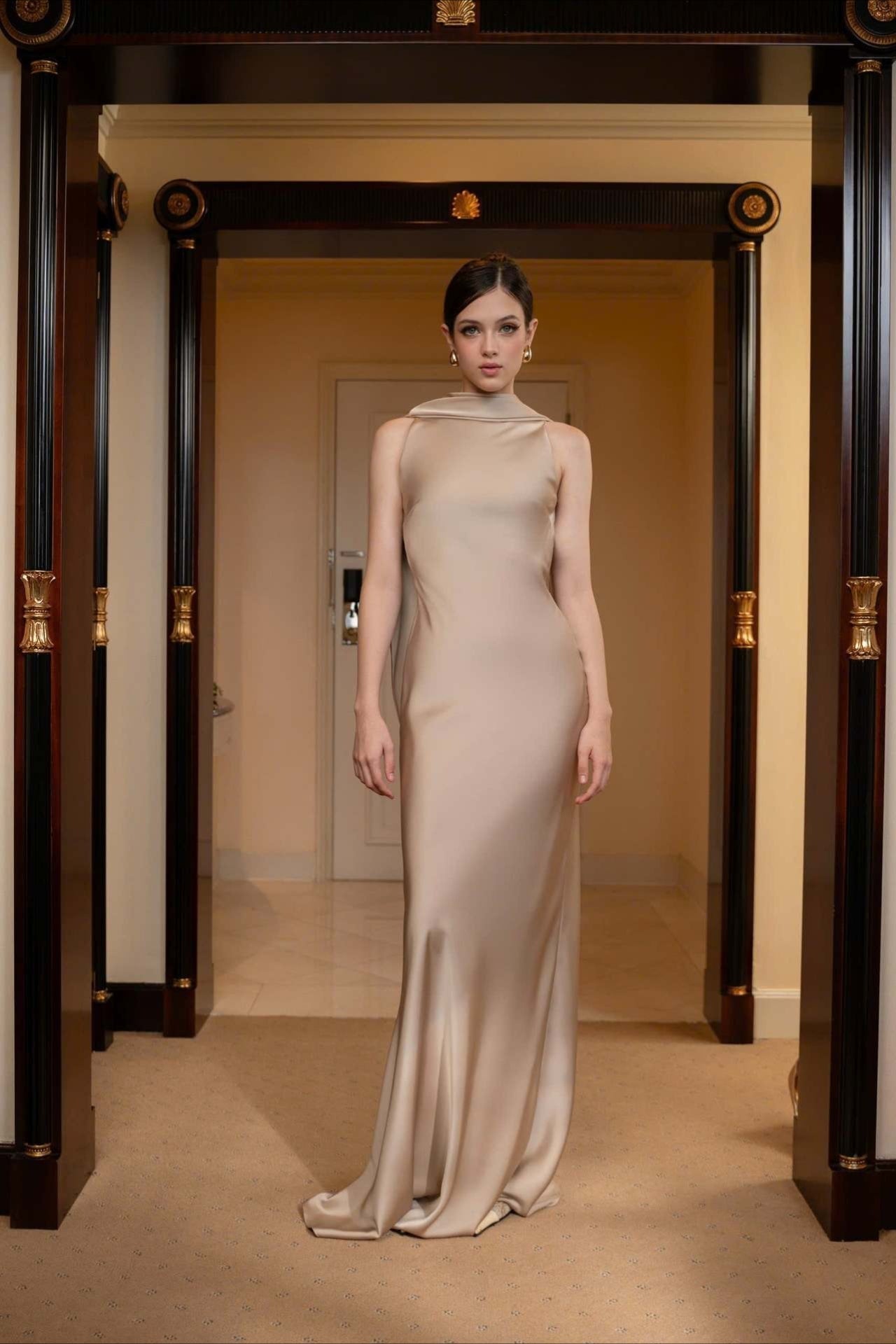 Graceful Solid Color Satin Draped Back Long Prom Dress