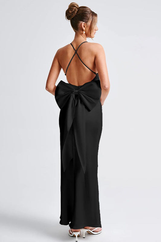 Satin Edition Maxi Dress with Bow Detail Silk Dress