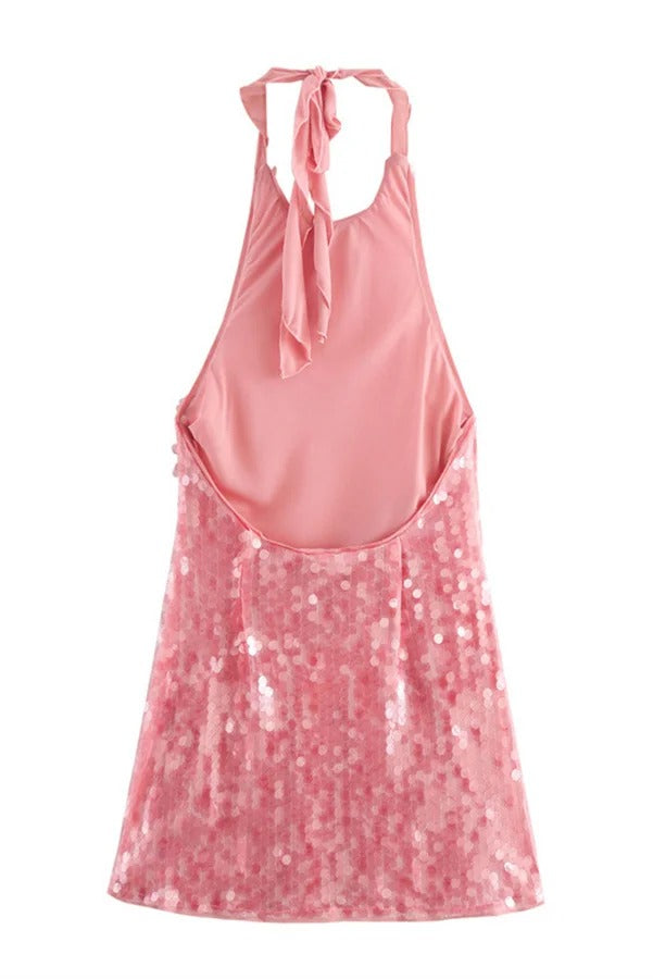 Aesthetic Katherine Backless Halterneck Mini Dress with Rose Disc Pattern and Sequins Designer Edit