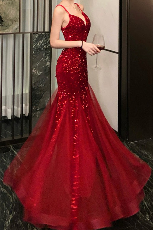 Chic Sequin Spaghetti Strap Evening Prom Dress