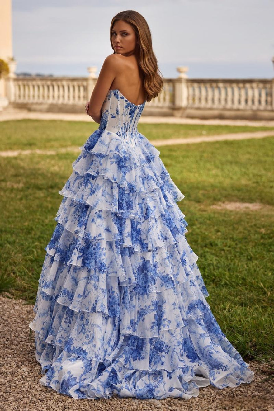 Strapless Floral Print Ruched Graceful Slim Prom Dress
