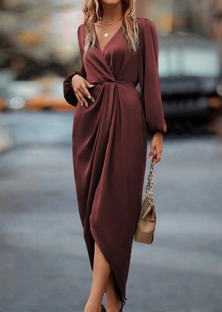 Graceful Red Draped V Neck Midi Dress