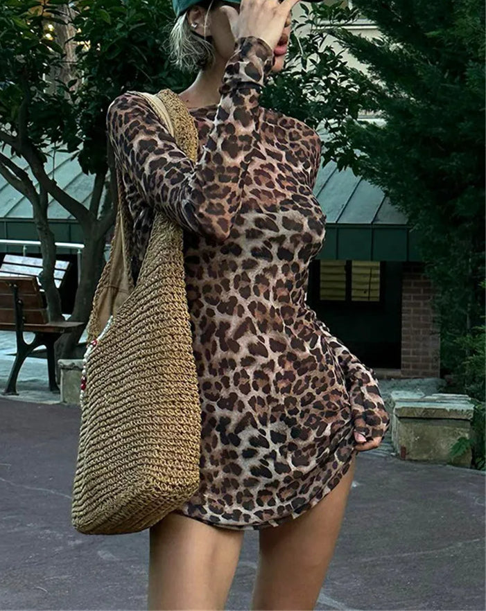 Two Leopard Piece Mesh See Through Mini Dress