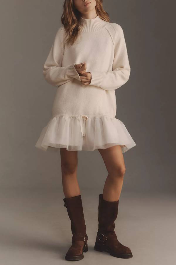 Minimalist Jean Holiday Cutie Knit Long Sleeve Twofer Turtleneck Tulle Mini Dress Premium Wardrobe Essential