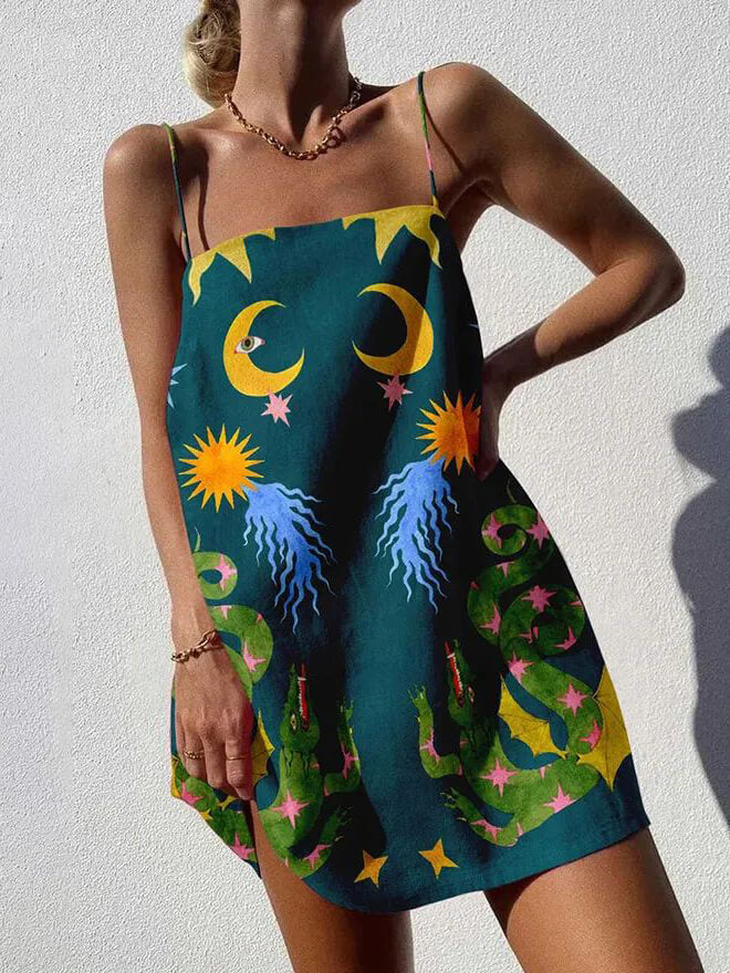 Printed Unique Spaghetti Strap Backless Mini Dress