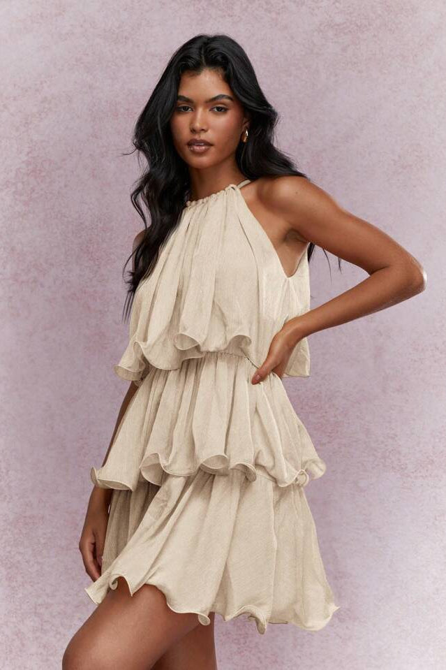 Sleeveless Halter Tiered Ruffle Vacation Dress