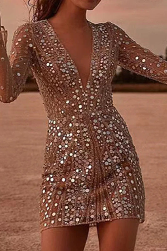 Alluring Deep V Neck Sequin Mini Dress