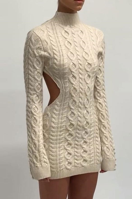 High Backless Neck Cable Knit Winter Sweater Mini Dress - Cream