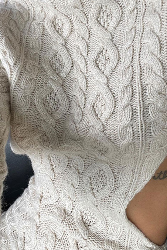 High Backless Neck Cable Knit Winter Sweater Mini Dress - Cream