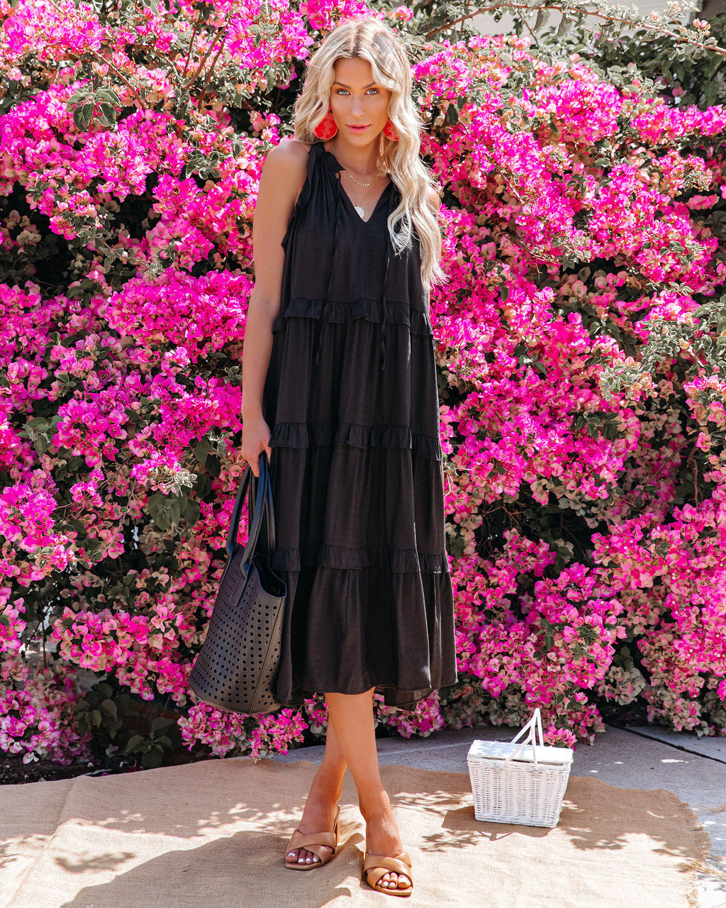 Cotton Ballard Blend Pocketed Tiered Midi Dress Black