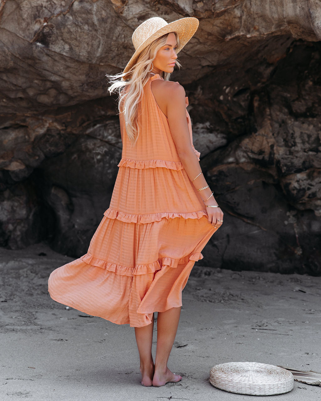 Cotton Ballard Blend Pocketed Tiered Midi Dress Papaya
